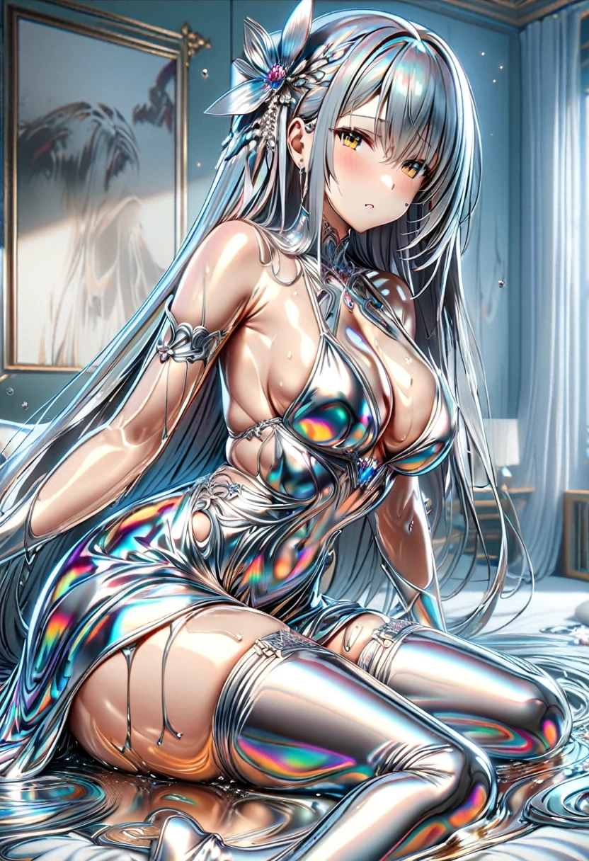 ((masterpiece)), Highest quality, Super detailed,(One girl),Yuki Asuna、 Long Hair,Beautiful background ,((Dress with white stockings with garters)), chest, Curved body,Lie in, Look to the side, Fearful Face, NSFW、Asuna is attacked by a silver liquid metal creature in her bedroom.、My body turns into a silvery liquid.、Xu々My body melts into、NSFW,