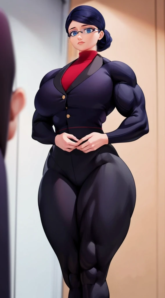 a muscular female bodybuilder in office suit, detailed face, beautiful detailed eyes, beautiful detailed lips, extremely detailed face and muscles, long eyelashes, strong muscles bulging through suit, dynamic pose, professional studio lighting, hyperrealistic, 8k, high quality, photorealistic, physically-based rendering, concept art, dramatic color palette,(from behind big ass,face looking at left side)