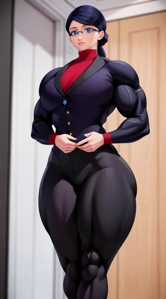 a muscular female bodybuilder in office suit, detailed face, beautiful detailed eyes, beautiful detailed lips, extremely detailed face and muscles, long eyelashes, strong muscles bulging through suit, dynamic pose, professional studio lighting, hyperrealistic, 8k, high quality, photorealistic, physically-based rendering, concept art, dramatic color palette,(from behind big ass,face looking at left side)
