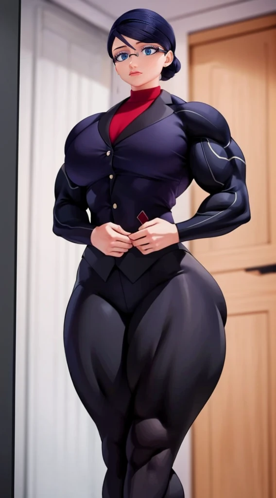 a muscular female bodybuilder in office suit, detailed face, beautiful detailed eyes, beautiful detailed lips, extremely detailed face and muscles, long eyelashes, strong muscles bulging through suit, dynamic pose, professional studio lighting, hyperrealistic, 8k, high quality, photorealistic, physically-based rendering, concept art, dramatic color palette,( big  looking at left side)