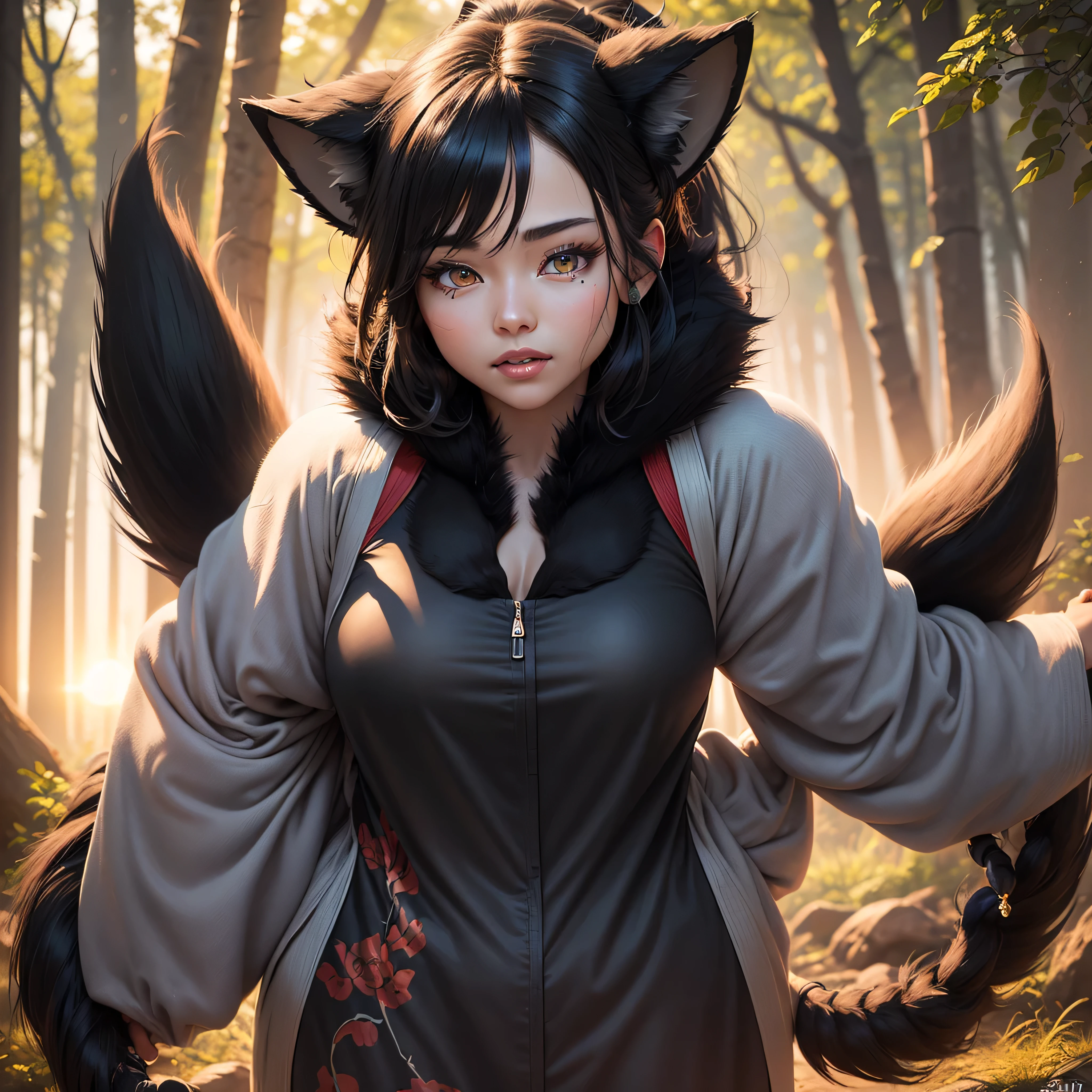 (full body shot at distance ) , (realistic fox-girl with black hair and nine tails) , (nine tails with black fur:2.2) , (image centered on subject with her tails spread behind her) , (beautiful human face, high cheekbones, green eyes fox ears) , (very detailed sinto clothes:2.3) , inspired by Sugimura Jihei, delicate and fine, (tentacles:fox tails:0.5), white form, inspired by Sōami, jormungand, mystical creatures, realistic, ultra detailed, dynamic pose, sunrise lighting, detailed forest background
