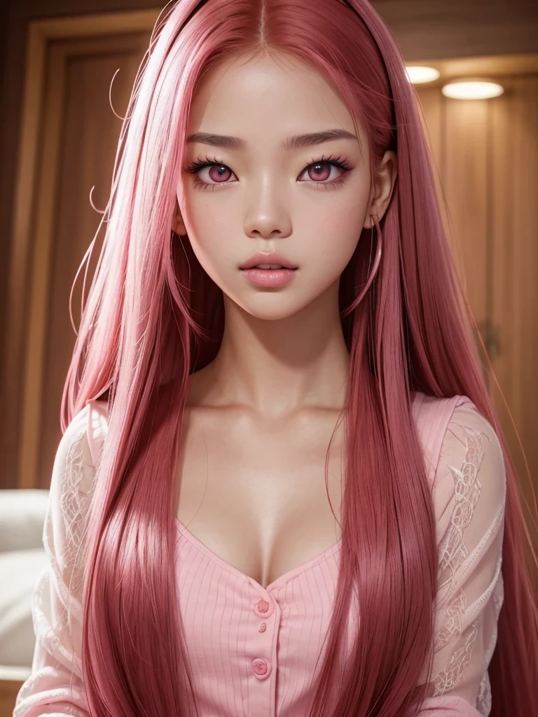 glowing skin, lips, sacimaer detailed skin, Beautiful face and detailed pink eyes, Spotlight, professional lighting, 1 girl, Alone, long hair, wearing a cute pink outfit, natural pose, lips, indoor, realistic, I want the whole image be created, face and body of blackpink's Jennie kim with red hair and in four places with different poses doing random things