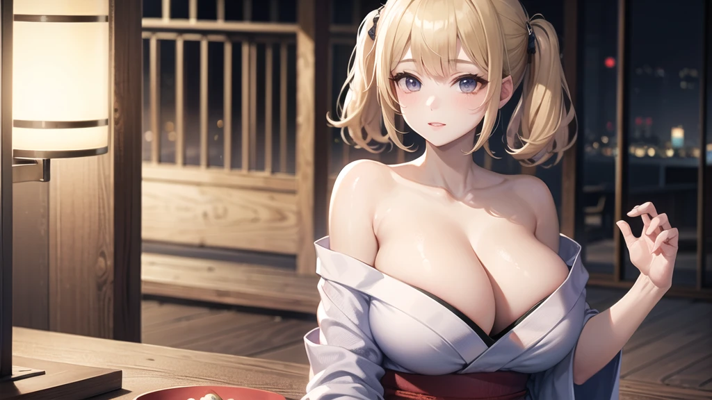 (((masterpiece, best quality))), (((superior quality))), cute girl, ((extremely detailed girl)), ((huge breasts)), (yukata), (bare shoulders), strapless top, twin-tail blonde