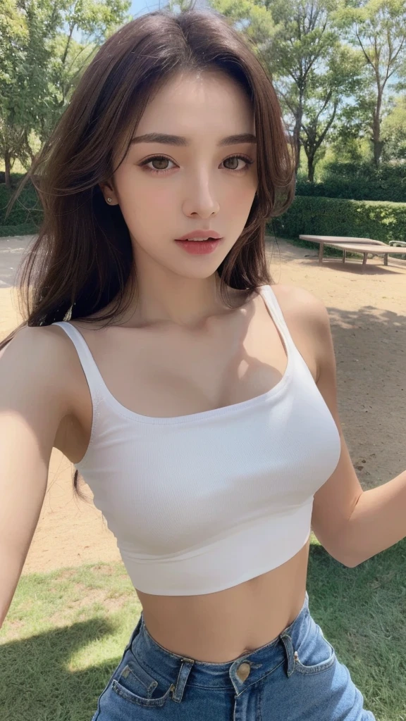 ((Realistic lighting, Best quality, 8K, Masterpiece: 1.3)), Clear focus: 1.2, 1girl, Perfect beauty: 1.4, Slim abs: 1.1, ((Dark brown hair)), (White crop top: 1.4), (Outdoor, Night: 1.1), Park view, Super fine face, Fine eyes, Double eyelids,