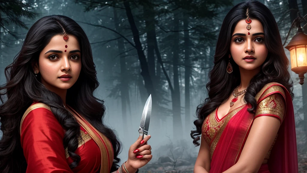 Draw a scene of an Indian chudail, face mix of Divya Bharti and salman khan as a female ghost with long hair and inverted feet, in a realistic style,She is flying in the night sky, Haunted Forest, She is wearing a Red sari that flows behind her like a trail of smoke, Her face is beautiful, with sharp teeth and glowing red eyes, She is holding a severed head in one hand and a bloody knife in the other. She is looking for her next victim, who is unaware of her presence, ultra realistic, highly detailed, proper body parts
