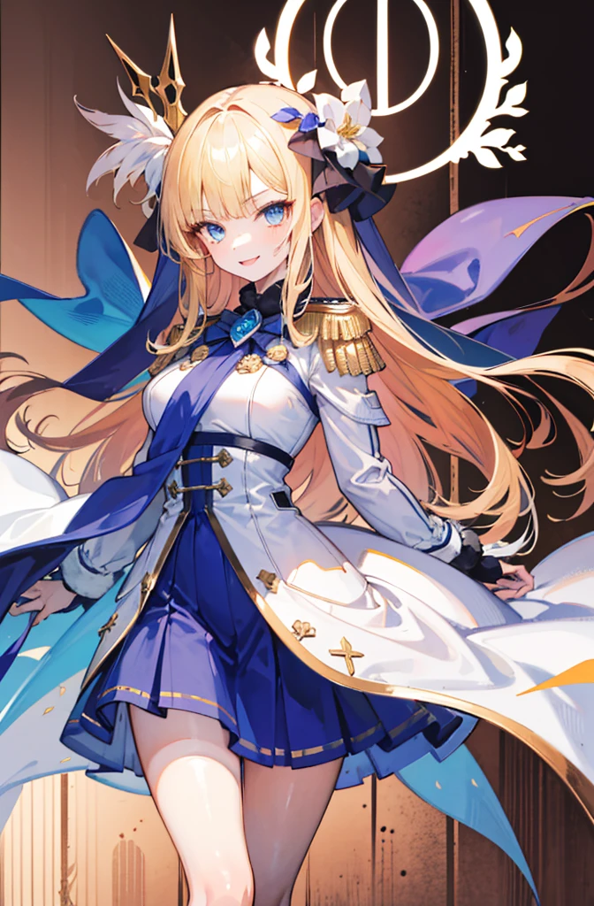 (Standing painting: 1.2) + (1girl:1.5)+ golden hair + princess cut + white knight uniform + detailed eyes and nose + deep blue eyes +  white battle uniform + domineering, masterpiece, best quality,evil smile,holy,((the wood background)),adult,