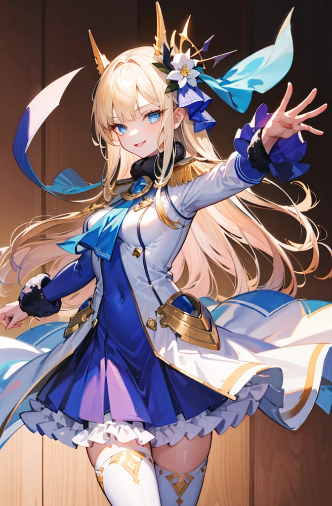 (Standing painting: 1.2) + (1girl:1.5)+ golden hair + princess cut + white knight uniform + detailed eyes and nose + deep blue eyes + white battle uniform + domineering, masterpiece, best quality,evil smile,holy,((the wood background)),adult,