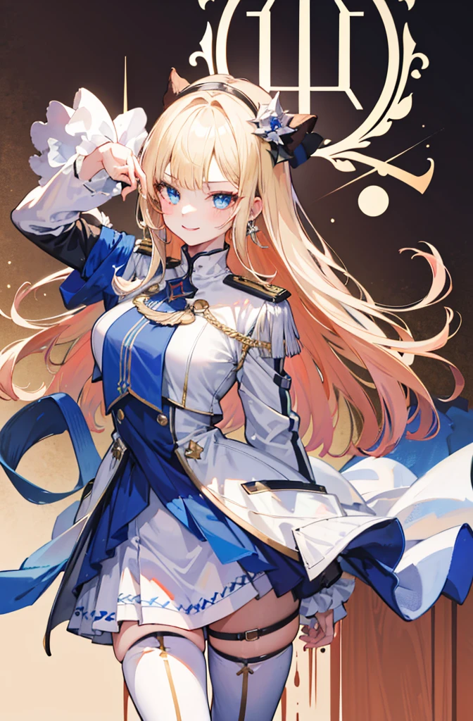 (Standing painting: 1.2) + (1girl:1.5)+ golden hair + princess cut + white knight uniform + detailed eyes and nose + deep blue eyes +  white battle uniform + domineering, masterpiece, best quality,evil smile,holy,((the wood background)),adult,
