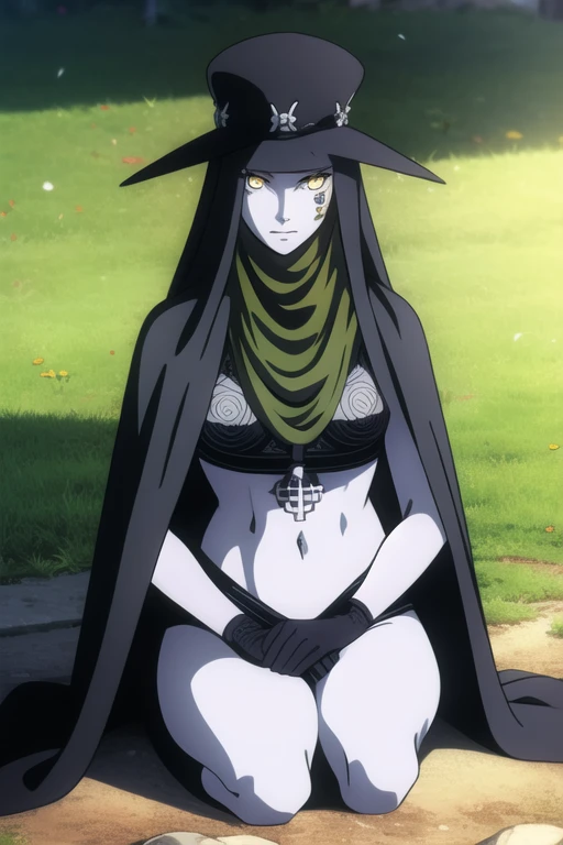 Scathach, solo, female1, shin megami tensei, cape hat, black cape, flower tattoo, gloves, white skin, (yellow eyes 1.5)sitting, shirt, smile,
BREAK looking at viewer,
BREAK outdoors,
BREAK (masterpiece:1.2), best quality, high resolution, unity 8k wallpaper, (illustration:0.8), (beautiful detailed eyes:1.6), extremely detailed face, perfect lighting, extremely detailed CG, (perfect hands, perfect anatomy),