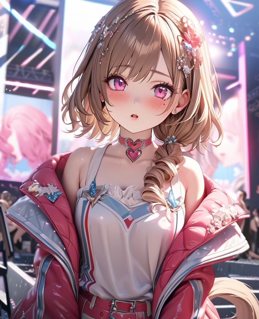 masterpiece, best quality, ultra detailed, high resolution, expensive resolution, HDR, 4k, 8K, uniform 8k wallpaper, ultra detailed CG, masterpiece, realistic, 2D, 3D, beautiful details, depth, fine texture, ultra fine: 1.3, perfectly focused, crispy .skin, .he, very cute anime girl, idol, A girl in her twenties,drenched in heavy rain outdoor stage, chest part is visible through, brown short twin-tail hair wearing expensive clothes, one girl, one person, brown short twin-tail hair, idol, mole under eye, looking at the viewer, expensive, blush, mole, open lips, hair accessory, heart-shaped choker, pink eyes, choker
