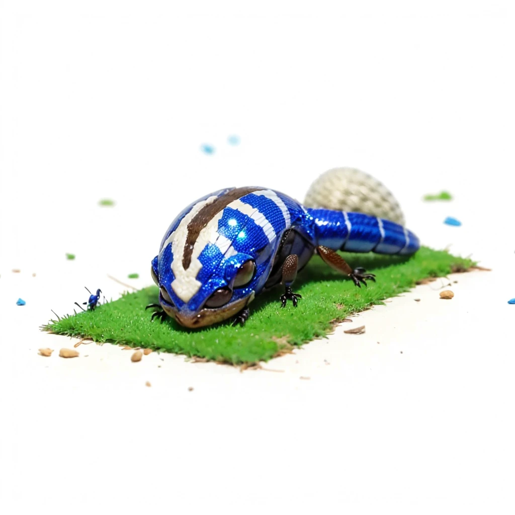 Small Animals, ant mixed with House lizard, has blue stripes on its body, Grassroots, no background, (has beard), ((no eyes))