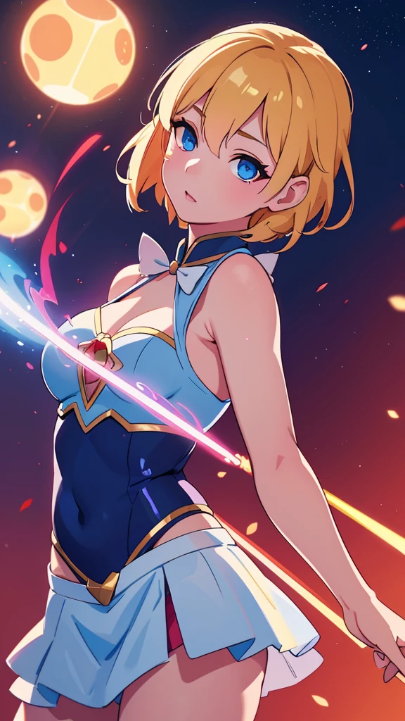 a beautiful idol girl with blond short hair, one red eye and one blue eye, wearing a magical girl themed idol outfit in blue and red colors, (best quality,4k,8k,highres,masterpiece:1.2),ultra-detailed,(realistic,photorealistic,photo-realistic:1.37),extremely detailed eyes and face, longeyelashes, detailed idol outfit, intricate magical girl design, vibrant colors, dramatic lighting, cinematic composition