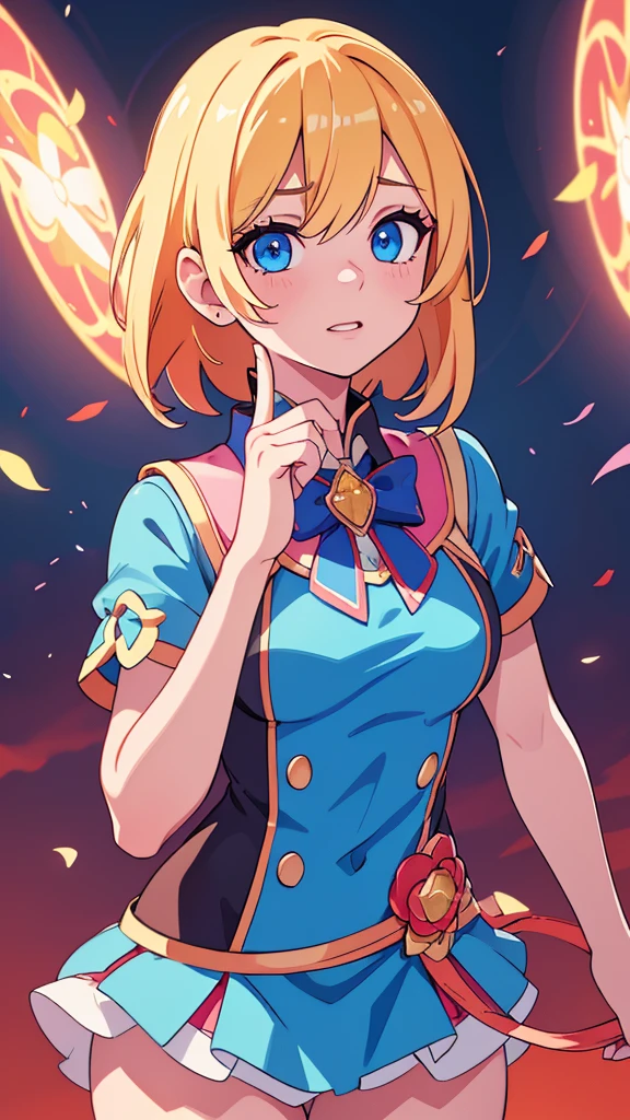 a beautiful idol girl with blond short hair, one red eye and one blue eye, wearing a magical girl themed idol outfit in blue and red colors, (best quality,4k,8k,highres,masterpiece:1.2),ultra-detailed,(realistic,photorealistic,photo-realistic:1.37),extremely detailed eyes and face, longeyelashes, detailed idol outfit, intricate magical girl design, vibrant colors, dramatic lighting, cinematic composition