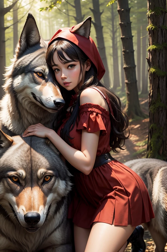 Little Red Riding Hood meets a gray wolf in the forest