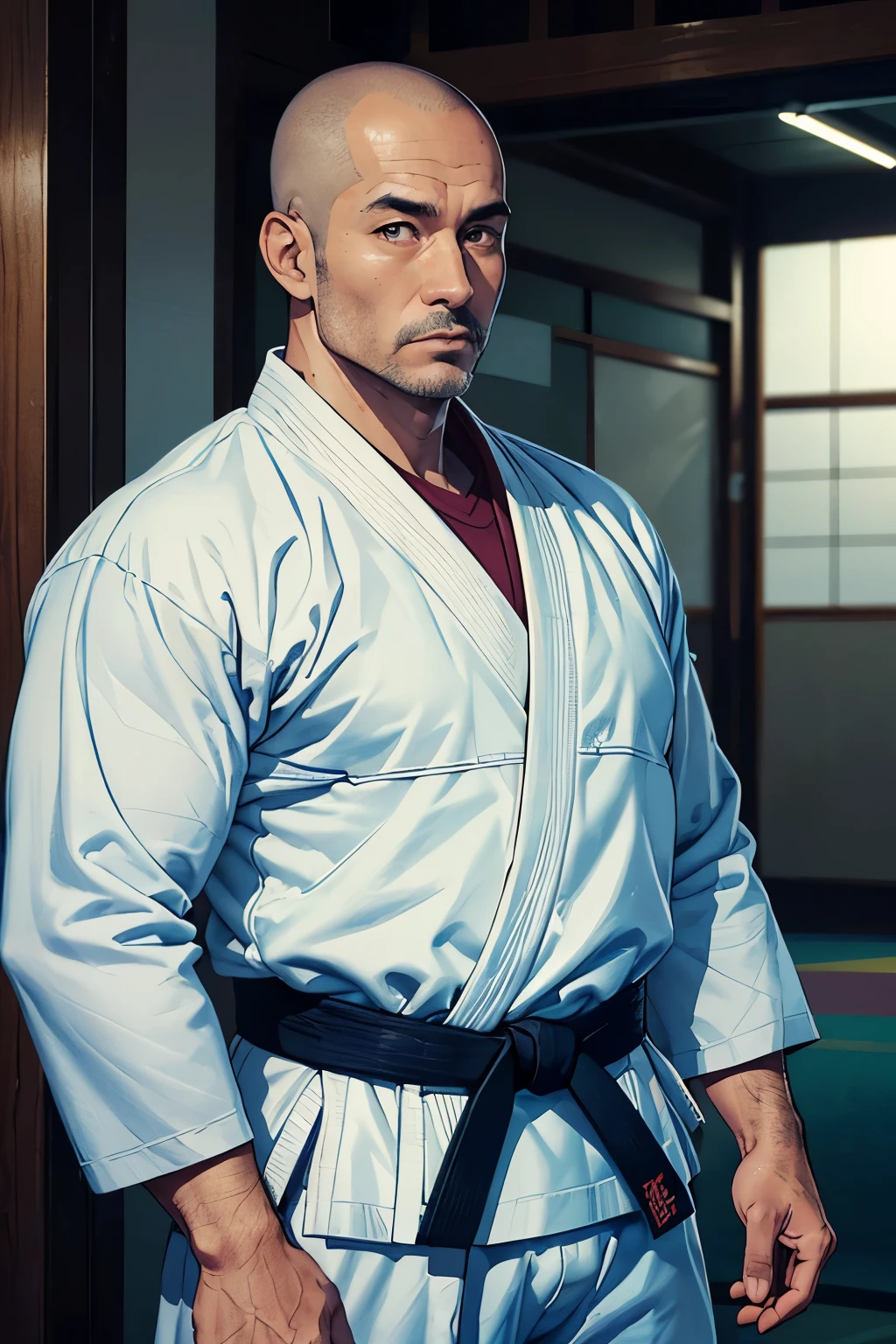 ((A 43-year-old gentleman in a judo uniform2people))((Wearing a judo uniform))((Budokan))Hairy(Muscular)(Short Hair)(Buzz Cut)((good looking)),Shaved head,アジアpeople、(Detailed eyes:1.3),Eyes are black,Esbian all over,