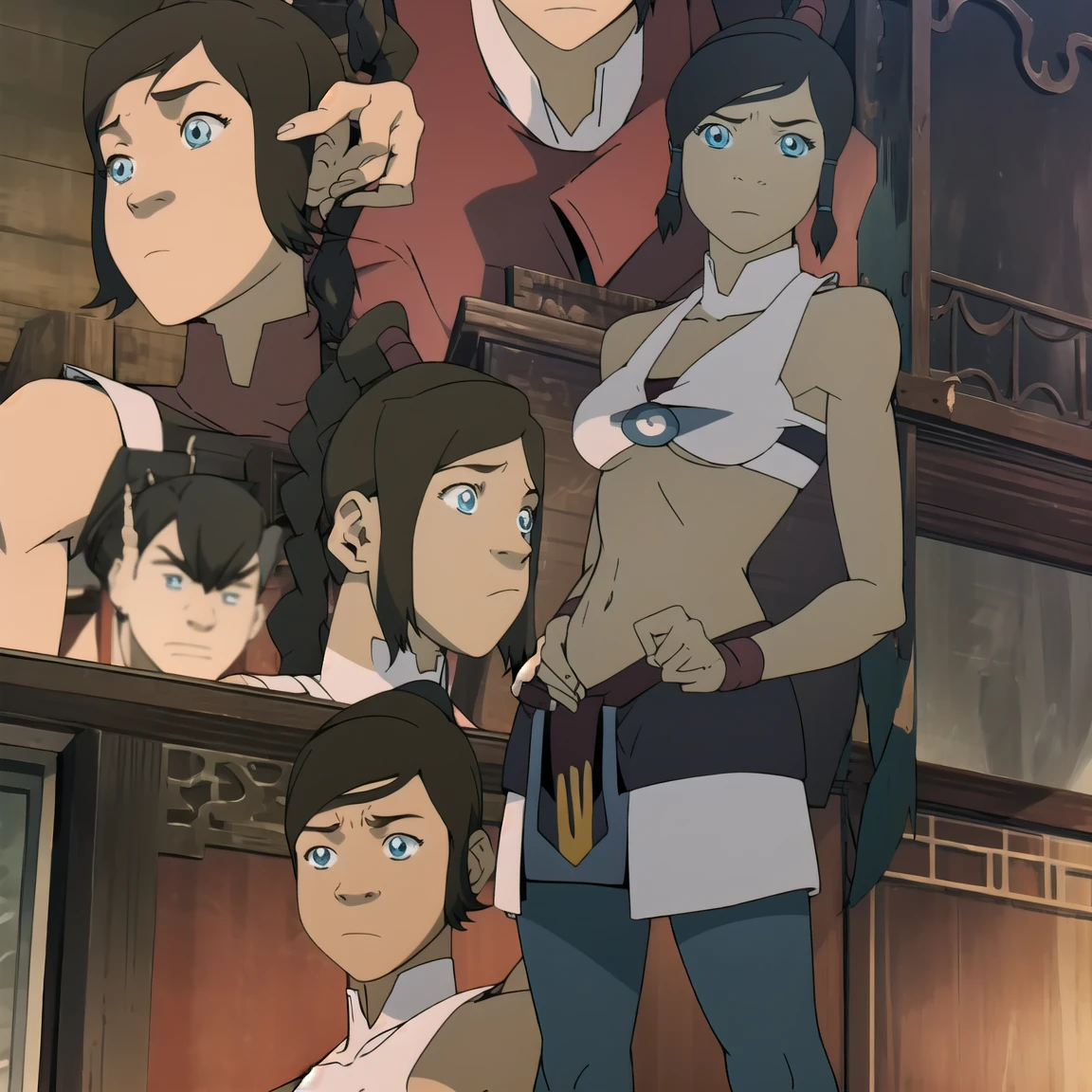 2 girls,avatarkorra, korra,tylee, long hair, black hair, ponytail, dark skin, dark-skinned female, topknot, BREAK , BREAK looking at viewer, BREAK outdoors, BREAK (masterpiece:1.2), best quality, high resolution, unity 8k wallpaper, (illustration:0.8), (beautiful detailed eyes:1.6), extremely detailed face, , (perfect hands, perfect anatomy), in full growth,the city in the background,(micro skirt,bottom view:1.4),(micro bikini, medium tits,thongs,stockings,cum:1.2),heels, muscular,egs spread