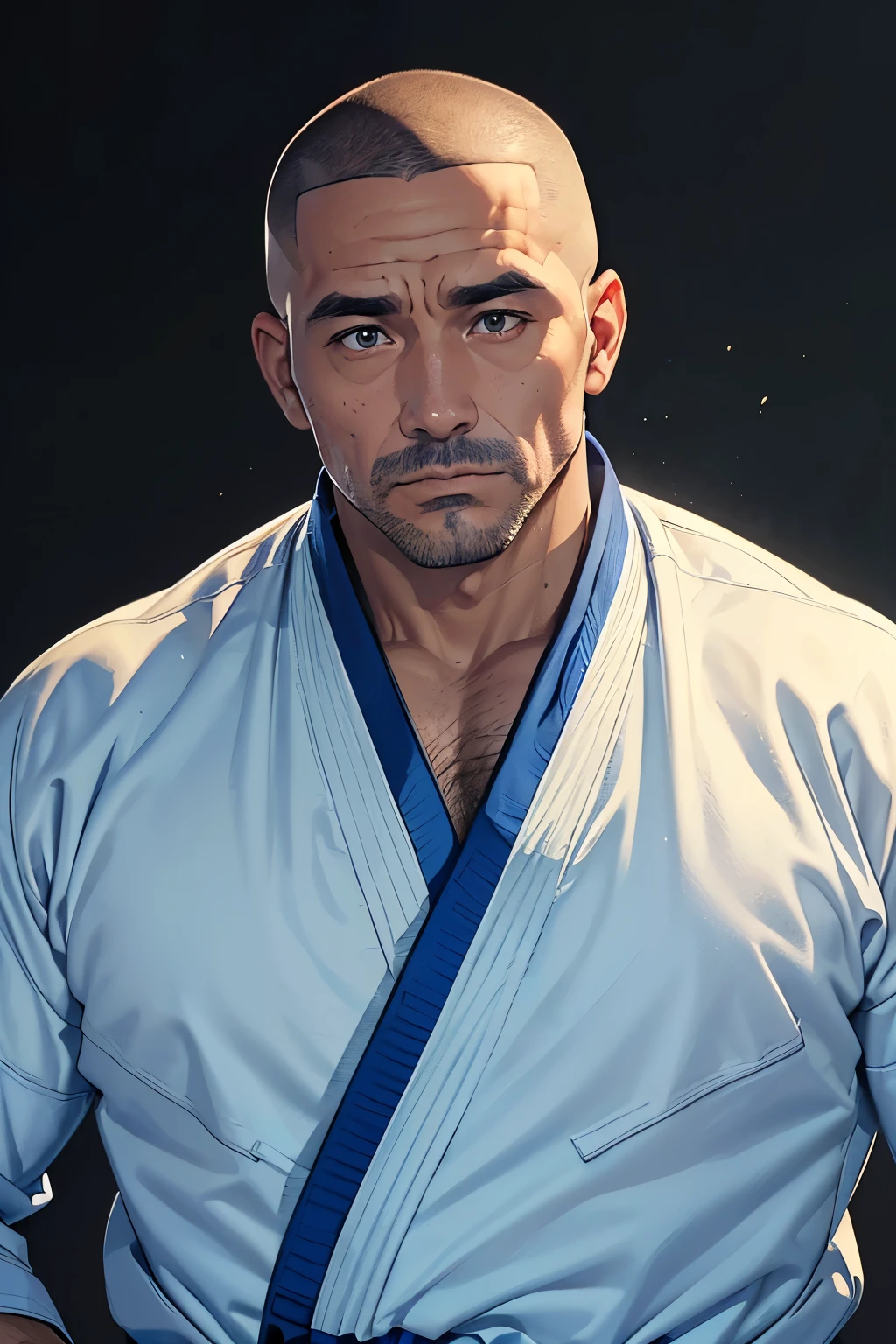 ((A 43-year-old gentleman in a judo uniform2people))((Wearing a judo uniform))((Budokan))Hairy(Muscular)(Short Hair)(Buzz Cut)((good looking)),Shaved head,アジアpeople、(Detailed eyes:1.3),Eyes are black,Esbian all over,