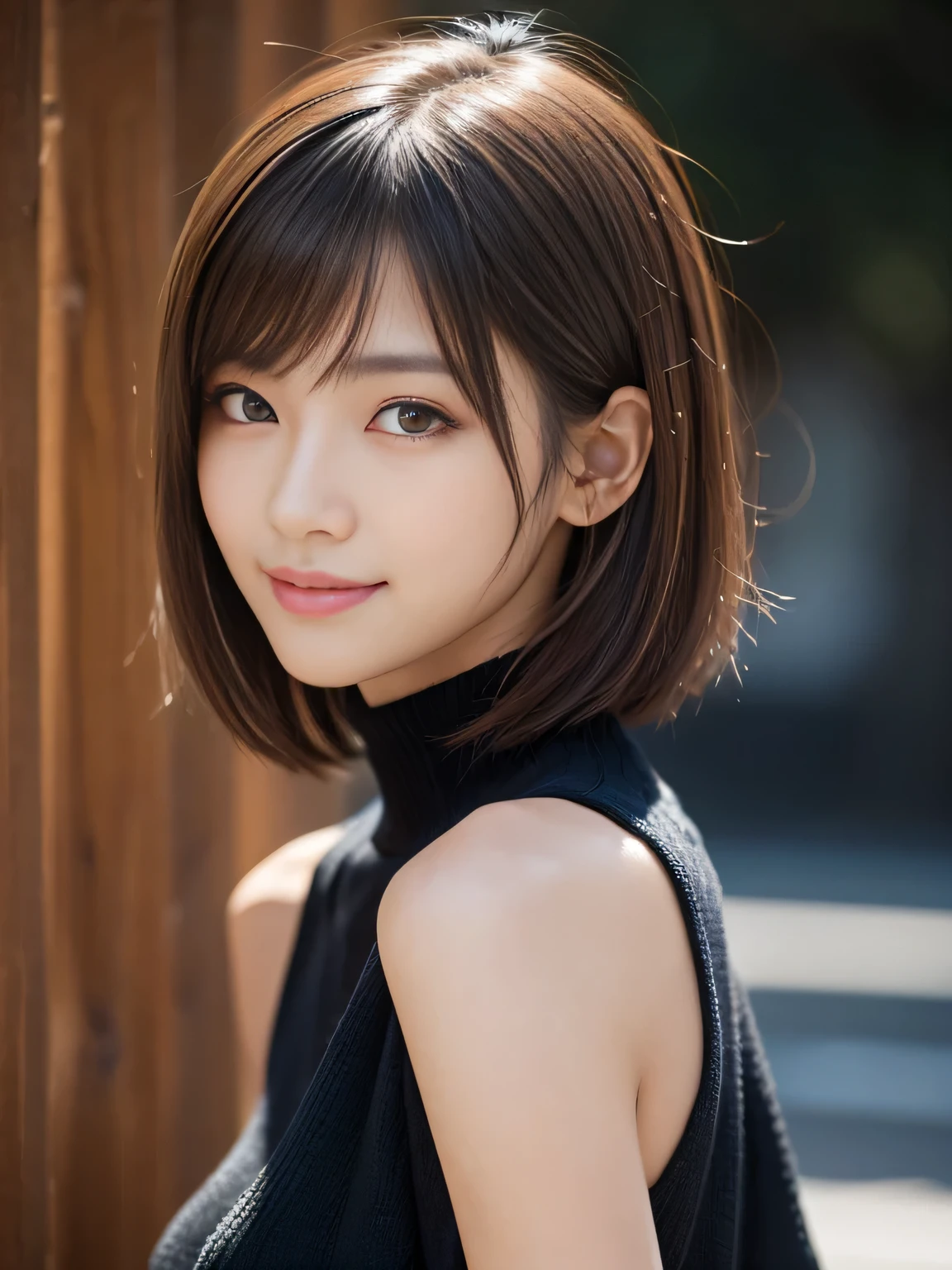masterpiece, best quality, ultra-detailed, intricately detailed hyperdetailed, realistic, sharp features, highly detailed, sharp focus, 20 years old, Japanese,idol, perfect face, perfect face, perfect symmetrically perfect eyes, perfect full lips, flexible female form, film light, hyper detailed, hyper realistic, high resolution, vibrant, dynamic studio lighting, short hair, Brown Hair, Shoulder Length Layered, asymmetrical bangs, brown Eyes, (Impish Smile:1.2), cowboy shot, (black knit)