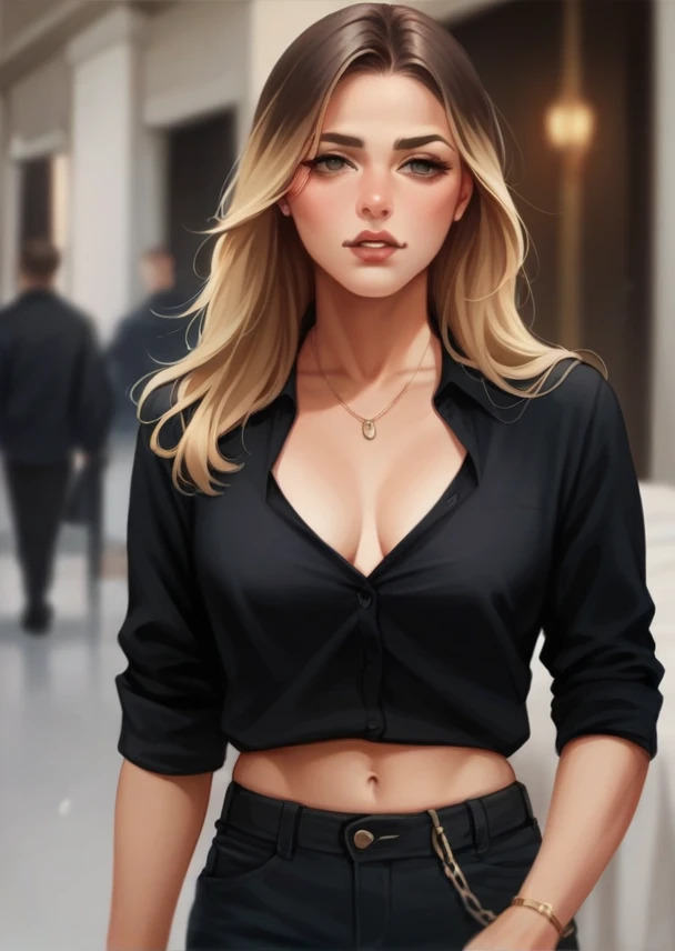 The same woman but dressed in a very provocative outfit on a bed