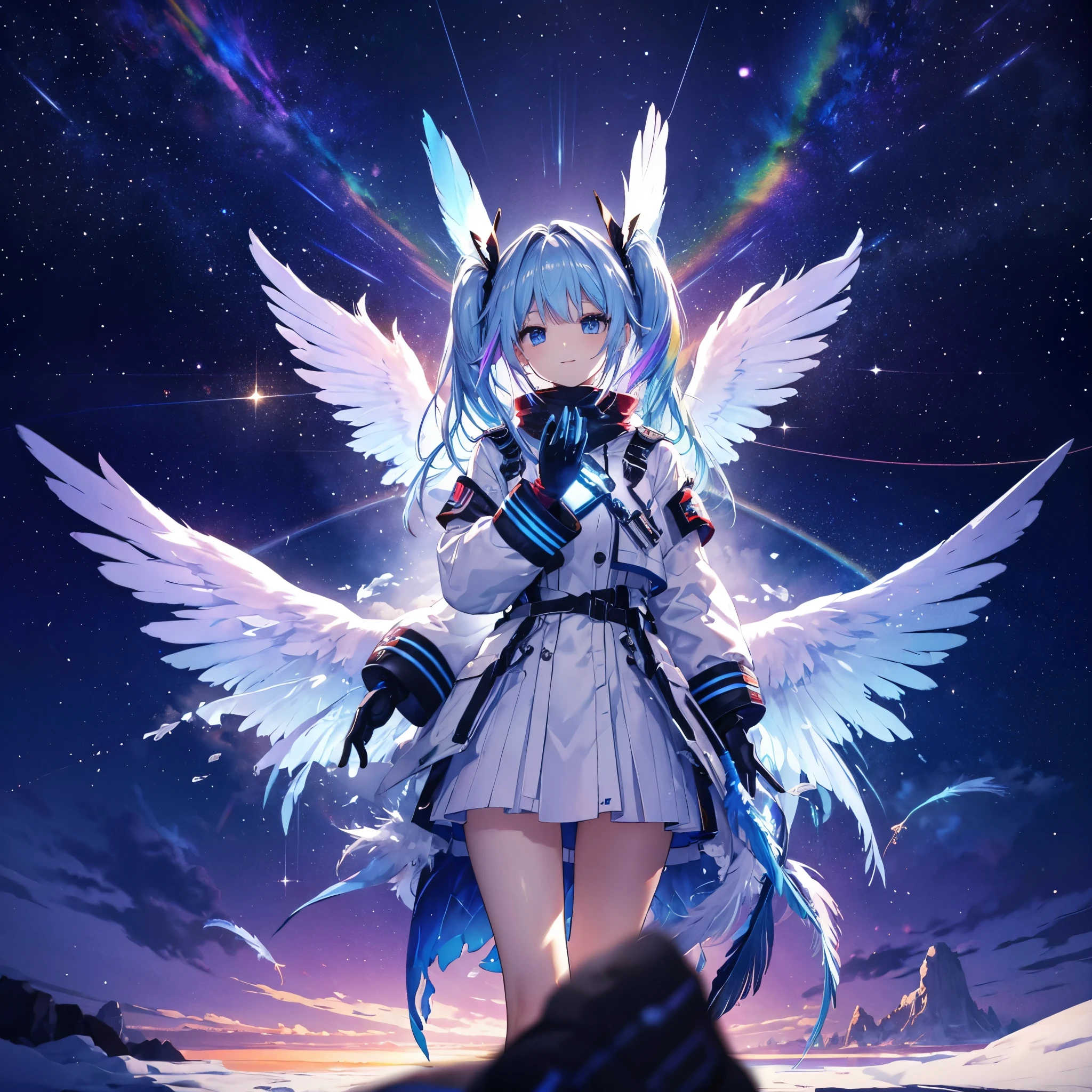 ((Archangel　Fantasy　Rainbow Hair　Make your hair rainbow-colored on the inside　Twin tails　Dull blue eyes))　((Has a galaxy　uniform　Put on a coat without putting your arms through it))　(((Wings many times larger than mine　rainbow gradient feathers　Glass Feather)))　((Pillar of Light　cyber punk　Smiling Kindly　front))　((((Raise your left hand　Gather power in your left hand))))　((gloves))　(Broken glass　Rolling Pebbles　Distorted Space-Time　star)　Catch the wind　milky way　Shining Background　Particles of light　rainbow colored edges　(((Shining Edge)))　star
