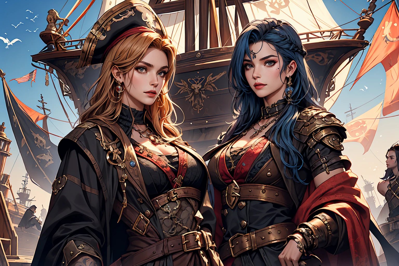 A captivating realistic photograph capturing the essence of a strong, mysterious female pirate. With a striking facial expression and an eyepatch covering her right eye, this woman exudes confidence and a sense of adventure. Her long, wavy blonde and blue with red mesh hair flows freely and she wears a purple bandana with a skull emblem around her forehead. Her ears are adorned with elaborate earrings and her pirate outfit is accentuated with elaborate jewelry and tattoos. The backdrop is a steampunk pirate ship. Full of determination and a daring spirit, she is a captivating focal point. The piece combines gothic and abstract styles, giving it a dark fantasy feel.