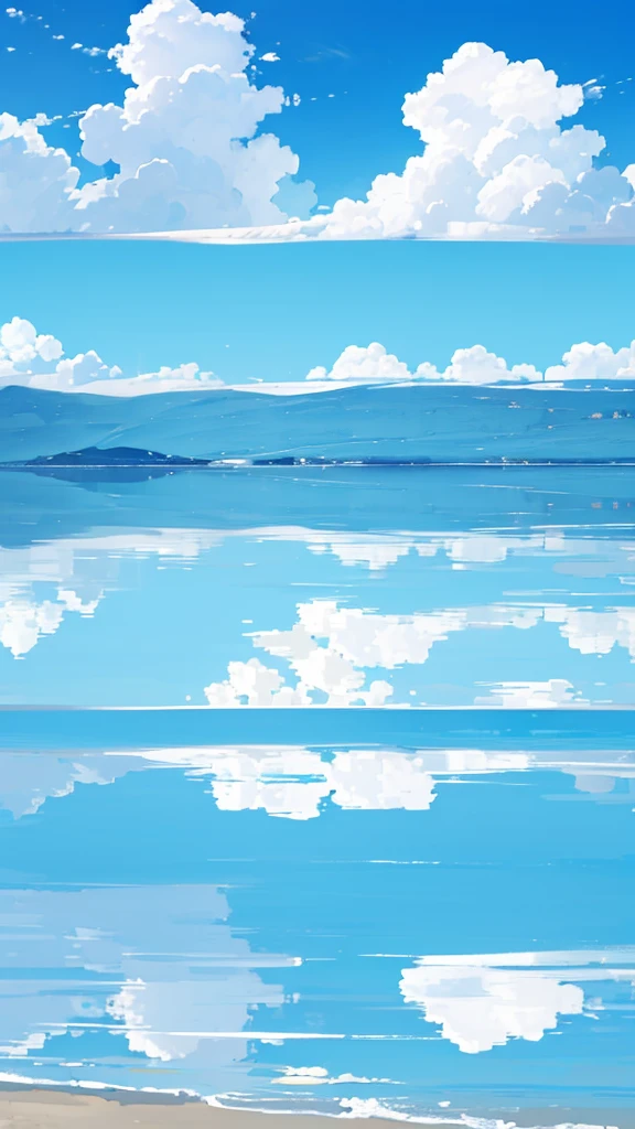 Blue sky and sea，The water horizon is in the middle of the picture，Blue sky and white clouds reflected on the sea，(reflective_water:1.3),（Symmetrical up and down），Symmetrical beauty
