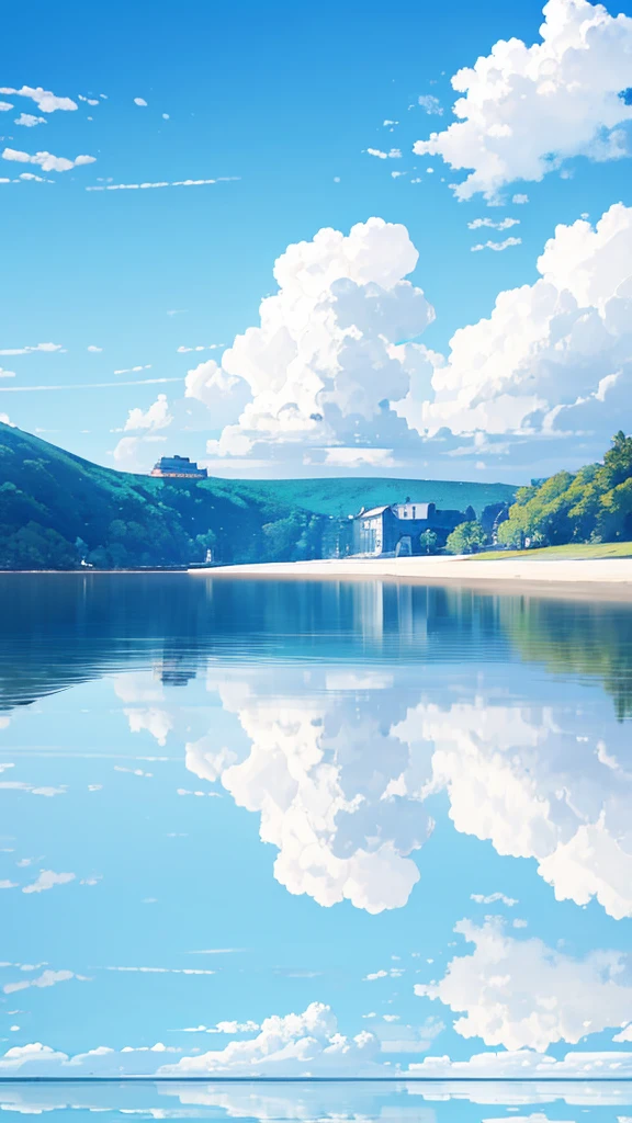 Blue sky and sea,The water horizon is in the middle of the picture,Blue sky and white clouds reflected on the sea,(reflective_water:1.3),(Symmetrical up and down),Symmetrical beauty