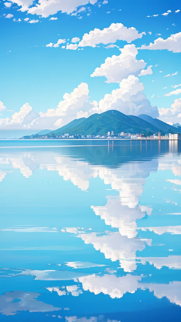 Blue sky and sea,The water horizon is in the middle of the picture,Blue sky and white clouds reflected on the sea,(reflective_water:1.3),(Symmetrical up and down),Symmetrical beauty