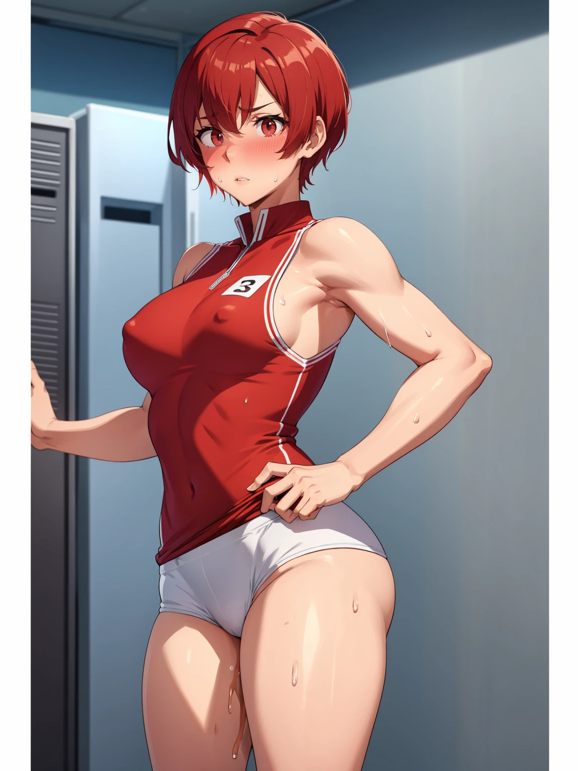 locker room、No background、Standing posture、Track and field athlete、Athletics Stadium、athlete、(1 female)、(Red hair、Short Hair）、(Sleeveless track uniform、Racing Bloomer)、Ultra-detailed illustrations、Ultra-precision performance、masterpiece、Highest quality、超High resolution、High resolution、（(Embarrassed expression、Sweat、body fluid)）、Mommyfy、