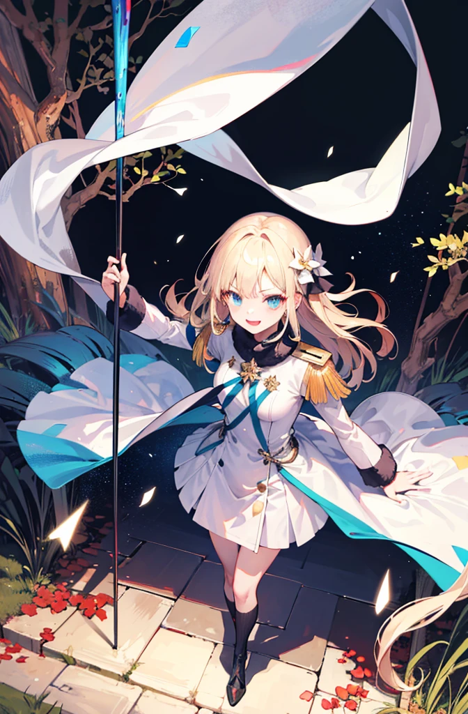 (Standing painting: 1.2) + (1girl:1.5)+ golden hair + princess cut + white knight uniform + detailed eyes and nose + deep blue eyes + white battle uniform + domineering, masterpiece, best quality,evil smile,holy,((forest background)),adult,