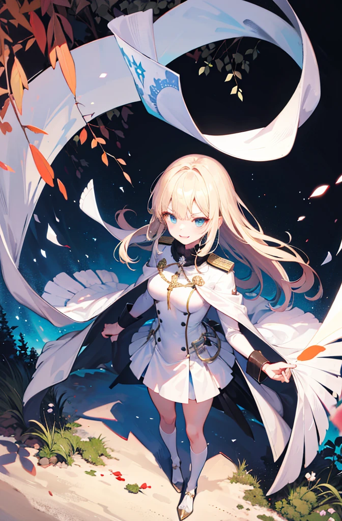 (Standing painting: 1.2) + (1girl:1.5)+ golden hair + princess cut + white knight uniform + detailed eyes and nose + deep blue eyes + white battle uniform + domineering, masterpiece, best quality,evil smile,holy,((forest background)),adult,