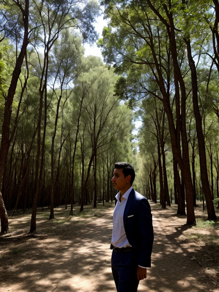 Bosque tenebroso cerca de una escuela, con un hombre misterioso.