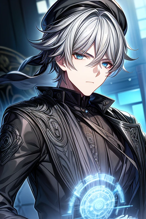 (masterpiece, best quality, perfect face, expressive eyes), 1boy, (anime), (male), grey hair, blue eyes, intricate details, (black trench coat), black suit, (black beret)