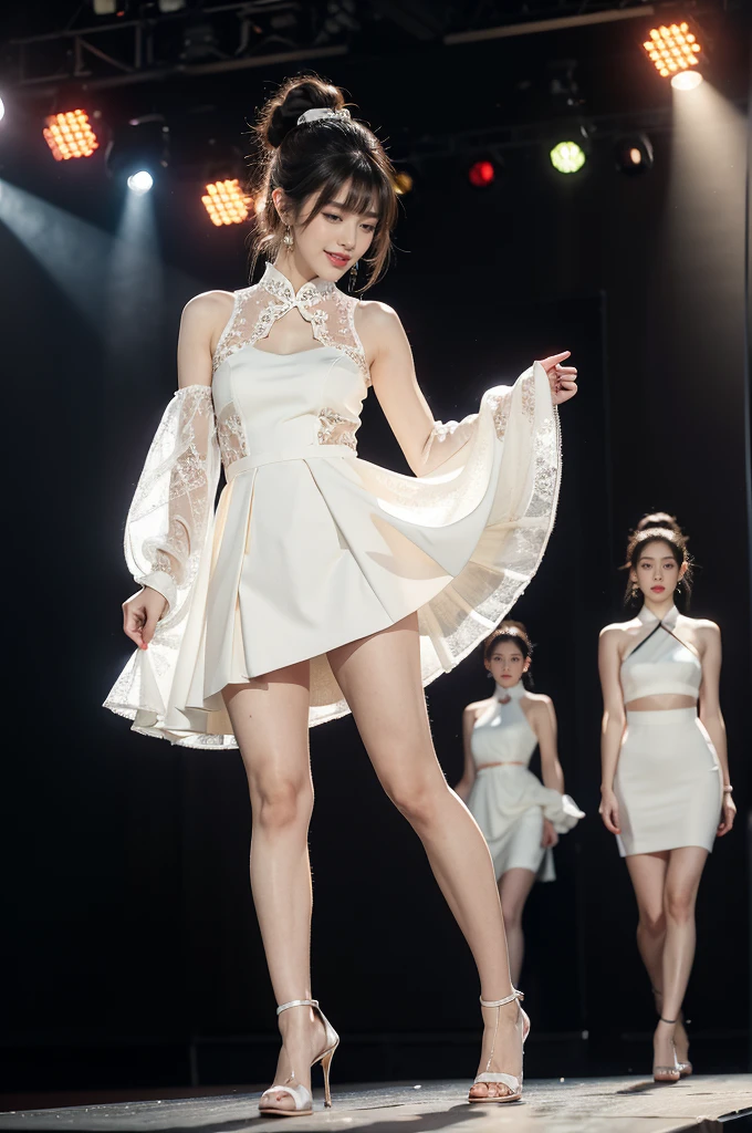 1girl,bangs,bare arms,collar,maxi white lace cheongsam,detailed background,detailed eyes,brown hair,earrings,full body,jewelry,slim,flat chest,ponytail,looking at viewer,makeup,night scene,red lips,signature,laughing,solo,standing,slender legs,high heels,On the T-stage,catwalk,fashion show,Surrounded by crowded crowds on both sides of the stage,neon lights