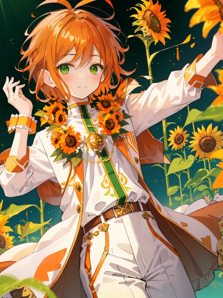 masterpiece、Highest quality、Super detailed、Very delicate、solo、One boy、1 male、(Orange brown hair:1.25),(Fluffy hair:1.2),(short hair:1.2),(Center parted bangs),sunflower,(Green Eyes:1.4),(blush)、smile,White suit