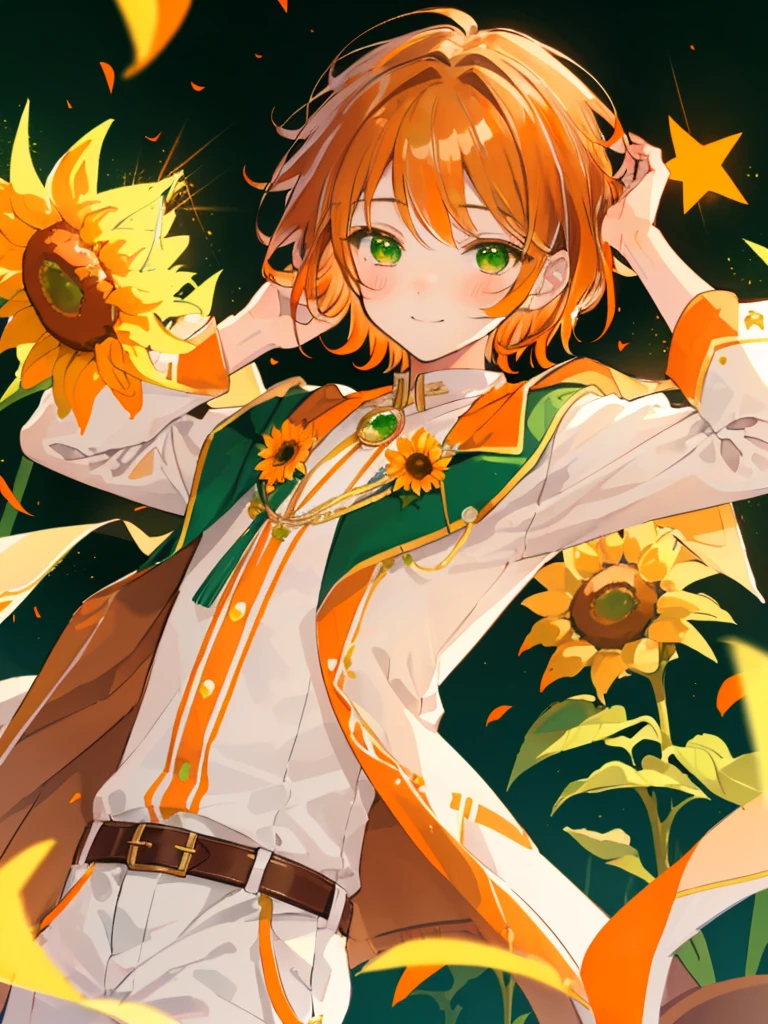masterpiece、Highest quality、Super detailed、Very delicate、solo、One boy、1 male、(Orange brown hair:1.25),(Fluffy hair:1.2),(short hair:1.2),(Center parted bangs),sunflower,(Green Eyes:1.4),(blush)、smile,White suit