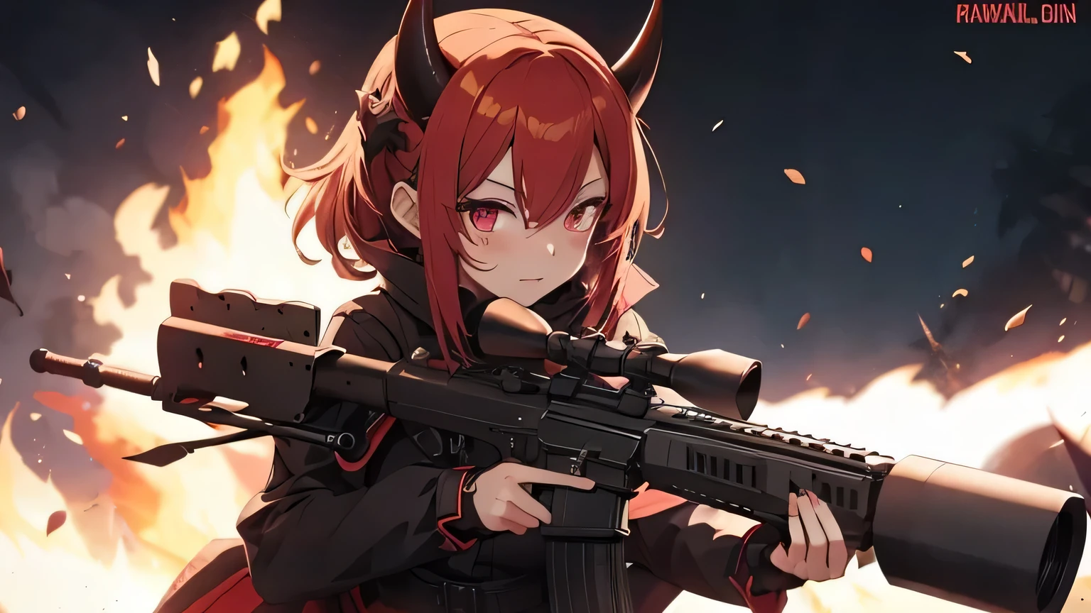 Cute devilish anime girl with devil horns holding a small sniper rifle with her hands, the rifle is aiming at the viewer, fire background, make sure to depict here hands right without mistakes