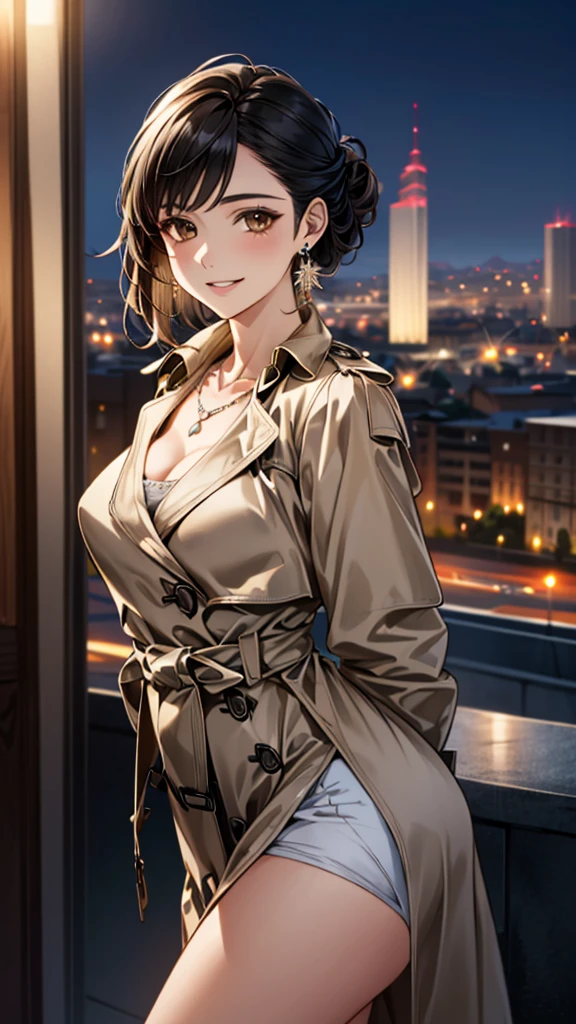 (masterpiece:1.3, Highest quality, Ultra-high resolution, Super detailed), (Realistic, photoRealistic:1.4), Beautiful illustrations, Perfect lighting, colorful, Depth of written boundary,
Beautiful detailed hair, Beautifully detailed face, Beautiful fine details, Beautiful clavicle, Beautiful body, 美しいLarge Breasts, Beautiful thighs, Beautiful feet, Beautiful fingers,
(Open Court、Beige trench coat:1.4), ((blouse、Black long skirt 1.4))、
View Viewer、Front view:0.8, Beauty1人, Japanese, Beauty、30 years old, Perfect Face, (Perfect Anatomy, Anatomically correct), Cute and symmetrical face, Baby Face, , Shiny skin,
(Black Hair, Updo Hair:1.4), Dark brown eyes, Large Breasts, Slim body,
necklace, (Small earrings:1.3),
(Beautiful views), (night), (city, cityscape in the distance), Are standing, A soft smile、(Smile, Lips parted),