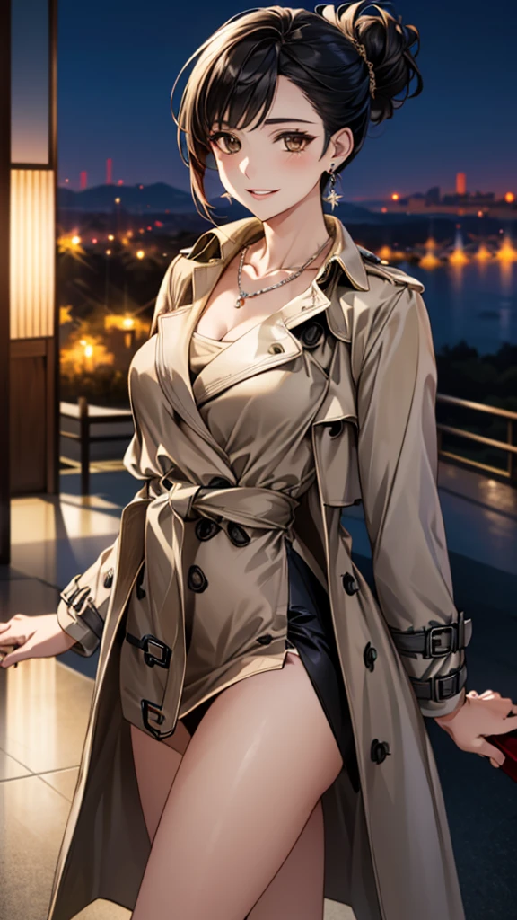 (masterpiece:1.3, Highest quality, Ultra-high resolution, Super detailed), (Realistic, photoRealistic:1.4), Beautiful illustrations, Perfect lighting, colorful, Depth of written boundary,
Beautiful detailed hair, Beautifully detailed face, Beautiful fine details, Beautiful clavicle, Beautiful body, 美しいLarge Breasts, Beautiful thighs, Beautiful feet, Beautiful fingers,
(Open Court、Beige trench coat:1.4), ((blouse、Black long skirt 1.4))、
View Viewer、Front view:0.8, Beauty1人, Japanese, Beauty、30 years old, Perfect Face, (Perfect Anatomy, Anatomically correct), Cute and symmetrical face, Baby Face, , Shiny skin,
(Black Hair, Updo Hair:1.4), Dark brown eyes, Large Breasts, Slim body,
necklace, (Small earrings:1.3),
(Beautiful views), (night), (city, cityscape in the distance), Are standing, A soft smile、(Smile, Lips parted),