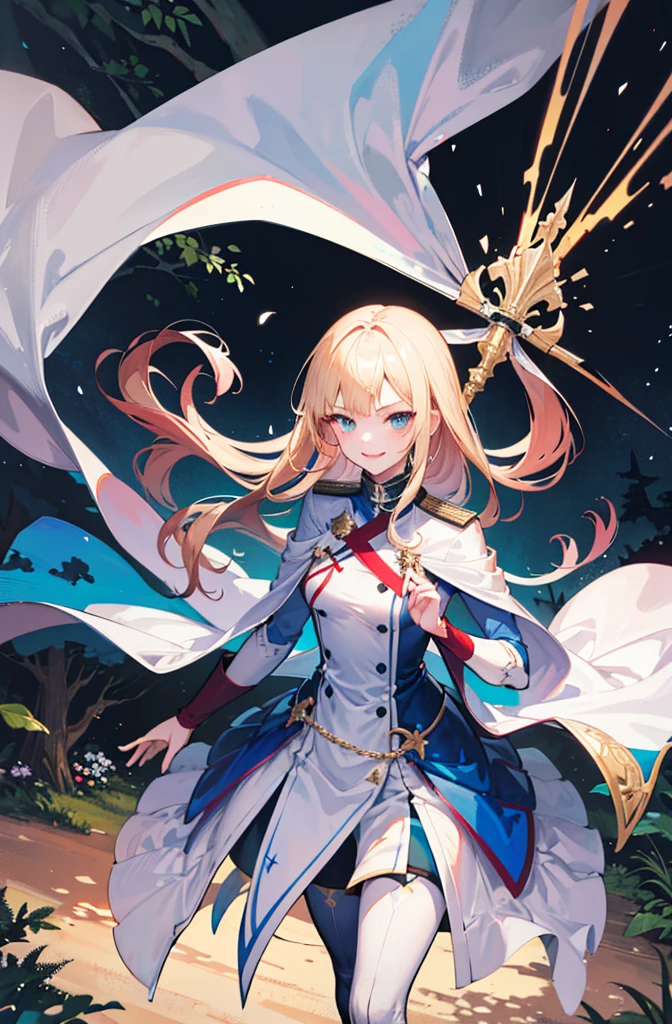(Standing painting: 1.2) + (1girl:1.5)+ golden hair + princess cut + white knight uniform + detailed eyes and nose + deep blue eyes +  white battle uniform + domineering, masterpiece, best quality,evil smile,holy,((forest background)),adult,