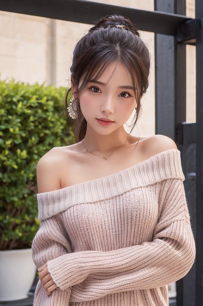((Highest quality)), ((masterpiece)), (detailed), One girl, Off-the-shoulder sweater, 