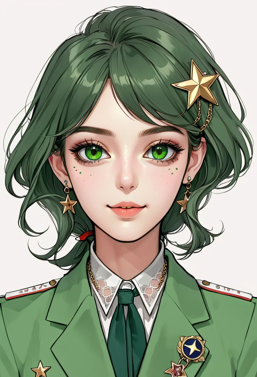 (Digital Illustration,Detailed anime style girl portrait,Solitary,symmetry),(Big colorful eyes,Fashionable and exquisite facial features,Exquisite makeup,Sweet smile,Star symbol mark on cheek,Soulful gaze,),(Double tail,Hairpin),(White high collar lace shirt,Green suit,Epaulettes-Chain,cool,),Clean and simple white background,(((Correct human anatomy)))