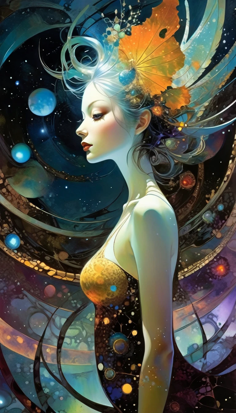 the goddess of lust, beautiful, sexy, hot spring gardens, stars, cosmos, fractal art, (art inspired by Bill Sienkiewicz). oil painting) (best quality,4k,8k,highres,masterpiece:1.2),ultra-detailed,(realistic,photorealistic,photo-realistic:1.37),intricate details,vivid colors,sharp focus,professional,Dave McKean artwork, oil touch of surrealism,oil painting style, fractal art