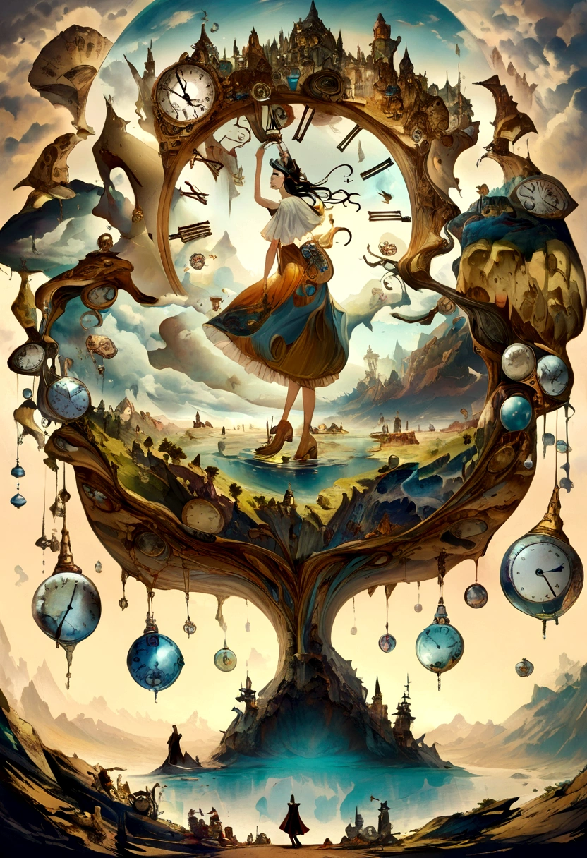 Create a dreamlike landscape inspired by Salvador Dali, with melting clocks, floating objects, and distorted perspectives.