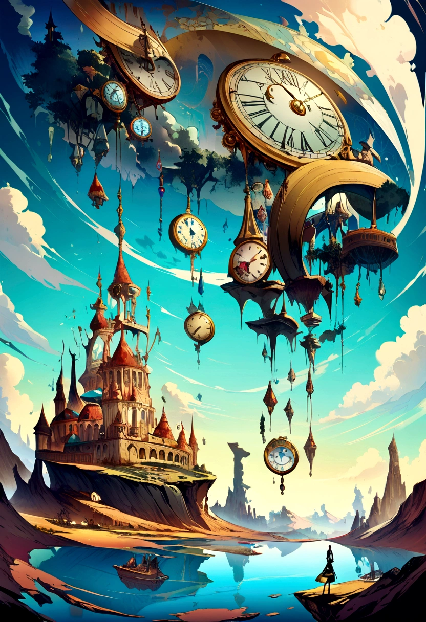 Create a dreamlike landscape inspired by Salvador Dali, with melting clocks, floating objects, and distorted perspectives.