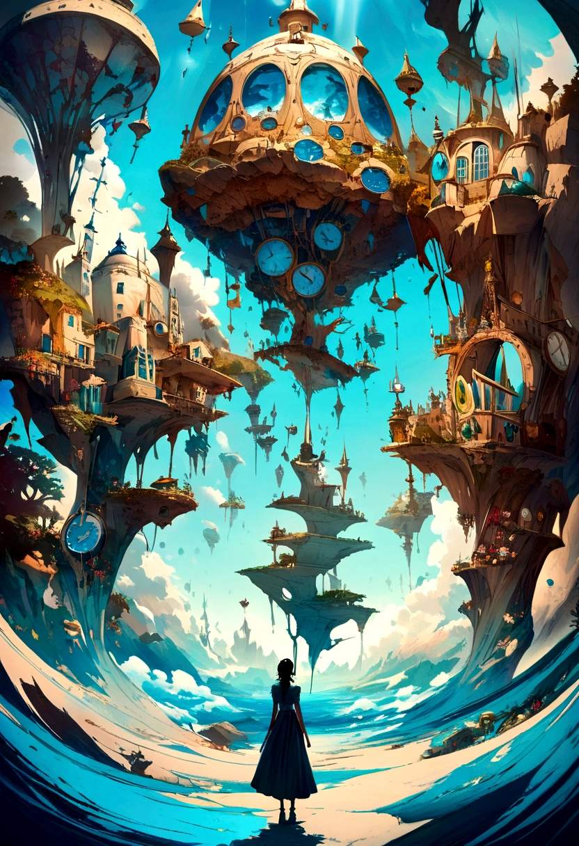 Create a dreamlike landscape inspired by Salvador Dali, with melting clocks, floating objects, and distorted perspectives.