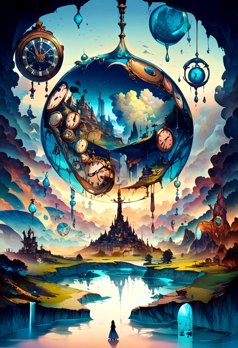 Create a dreamlike landscape inspired by Salvador Dali, with melting clocks, floating objects, and distorted perspectives.