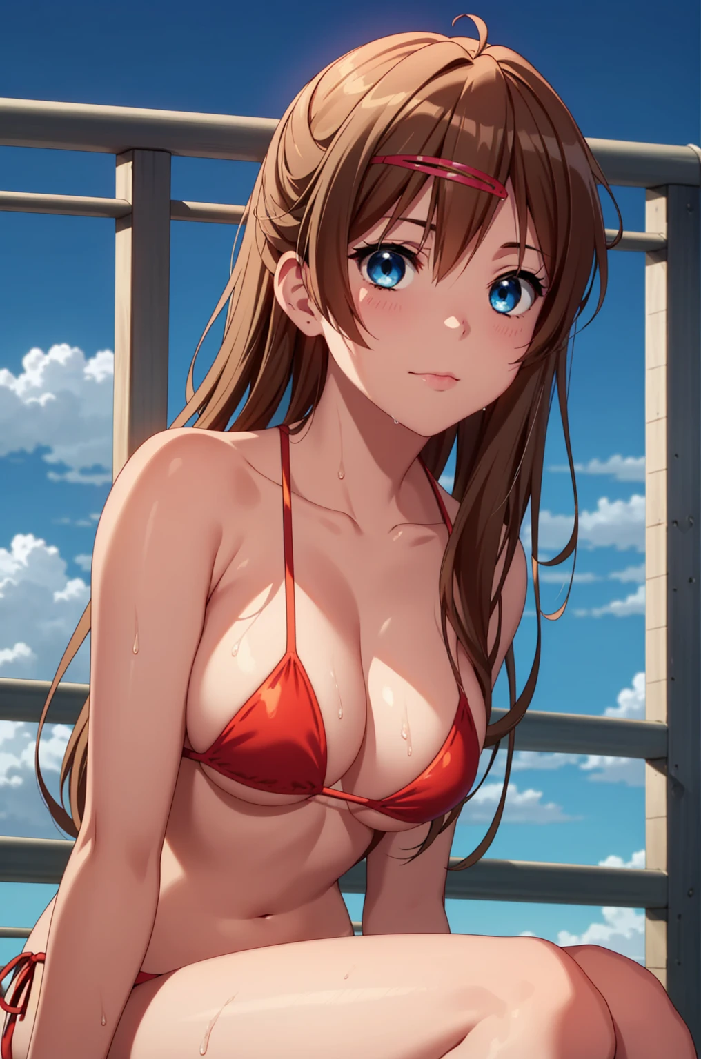 ((masterpiece, Highest quality, High resolution, UHD, Pixel perfect, Depth of written boundary, 4K, rtx, HDR)), 1 Girl, single, alone, 24-years-old, Beautiful Anime Girls, Beautiful art style, anime character, ((Parted bangs, Brown Hair)), (blue eyes、Round eyes, Delicate eyelashes、Beautiful eyelashes, Perfect Eyes), (Detailed face:1.2), (Smooth texture:0.75, Realistic texture:0.65, Realistic:1.2, Cinematic, Anime CG Style), Perfect body, Ocean:1.3、Moderately good breasts:1.7、Red Micro Bikini Swimsuit:1.8、Visible from the thighs:1.9、Wet、Water Drop、Splash、nsfw、visible from below、Sitting、Crossing your legs