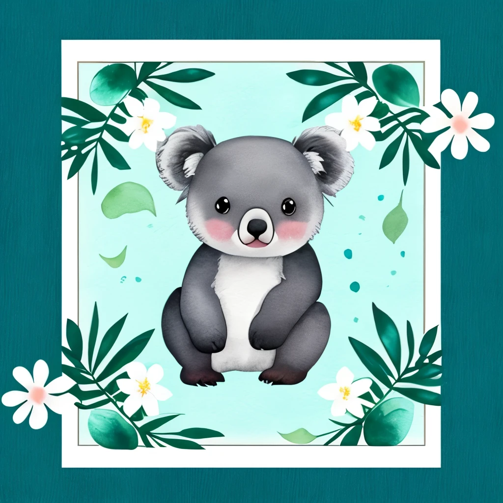 cute chibi bright adorable baby koala bear watercolor artistic style surrounded by white and teal flower arrangement on a white background
