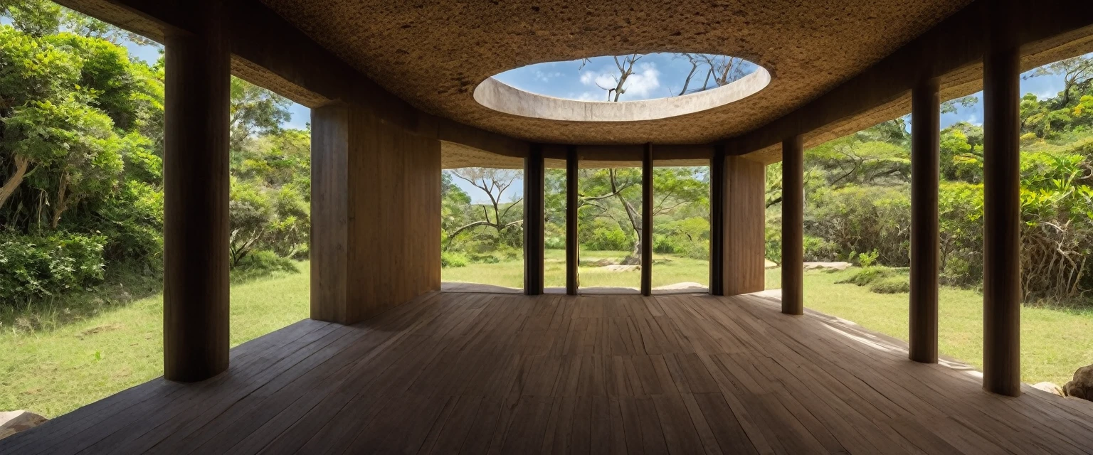 The chamber is large and spacious, it has a cylindrical shape. When you look up, do you notice that the walls are extremely high, e mais acima, there is no ceiling, and come across a blue sky and sunlight illuminating and warming the entire chamber. The temperature is pleasant, nem muito quente e nem muito frio. A gentle, pleasant breeze coming from the huge hole above you. Do you hear birds that have built nests high up on these walls singing and making their calling sounds?. Some trees and bushes are noticeable on these walls that have managed to grow into the room's crack., but they are all high., UHD, super detail, high quality, highres, accurate, masterpiece